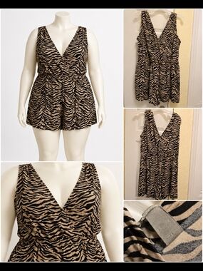 Justify 3X Tan Black Zebra Print Sleeveless Wrap Romper